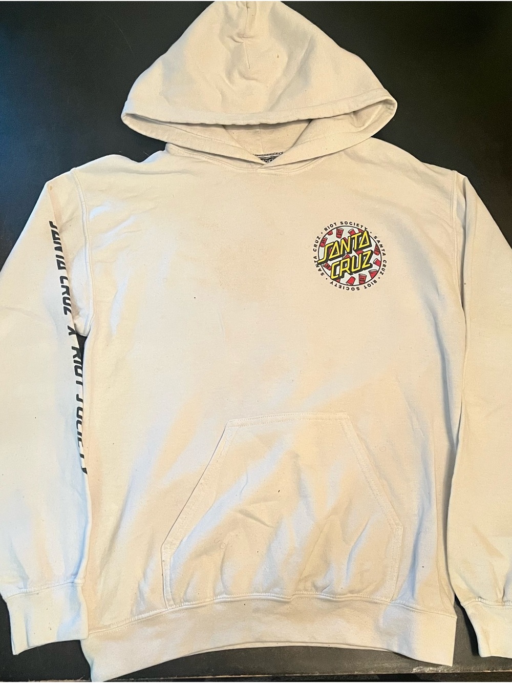 riot society Men's Cream Crewneck Hoodie with Santa Cruz Chest Logo